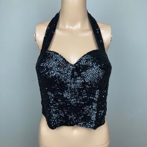 Match Ups Black Bustier Sequin Halter Crop Top Size Large